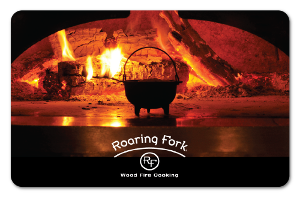 roaring fork logo, 'wood fired cooking' over image of pot infront of wood oven